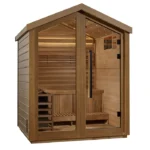 Front view of the Savonlinna 3 Person Outdoor Traditional Sauna cedar sauna in a backyard setting