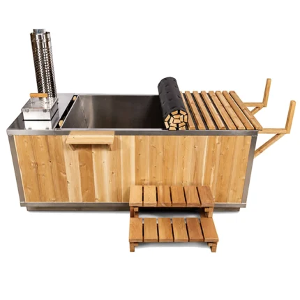 Front view of the Starlight Wood Burning Cedar Hot Tub in a natural outdoor setting