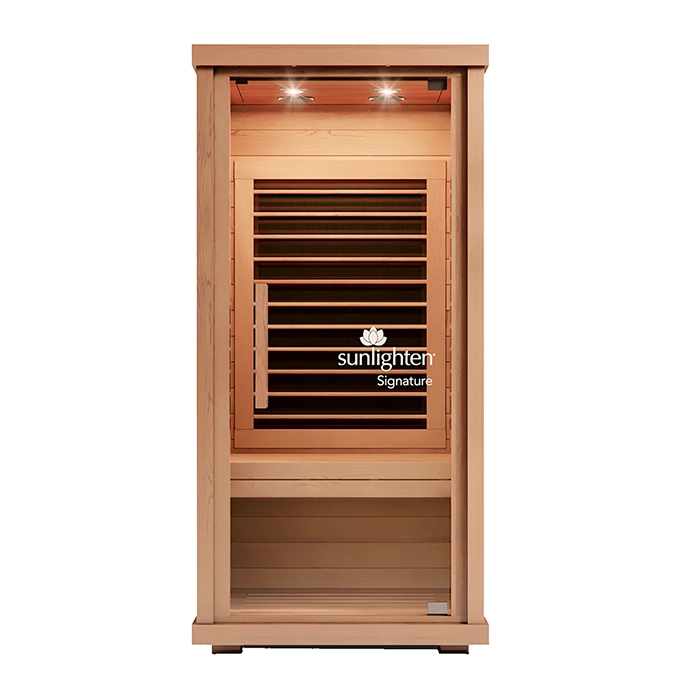 Front view of the Sunlighten Signature 1 Person Sauna showing its sleek glass door and wood exterior Front view of the Sunlighten Signature 1 Person Sauna showing its sleek glass door and wood exterior