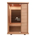 Front view of the Sunlighten Signature 2 Person Sauna Infrared Sauna showing its sleek glass door and refined wood exterior