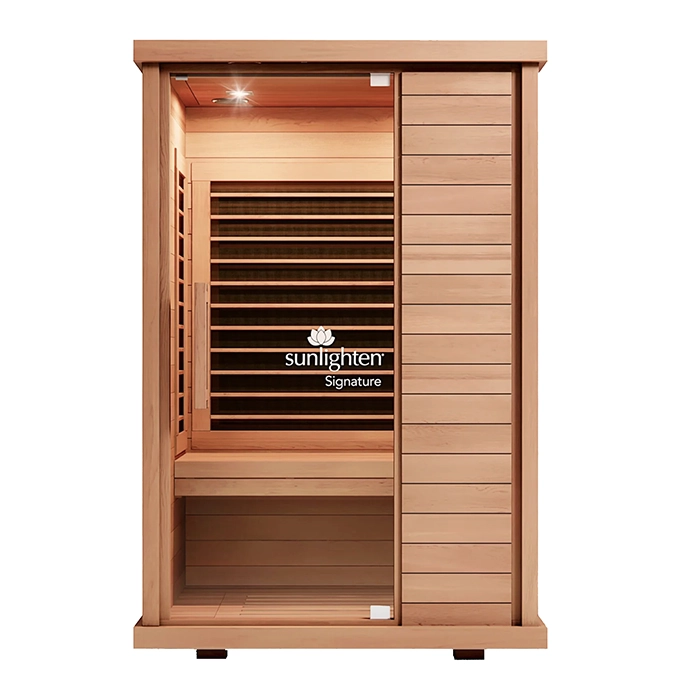 Front view of the Sunlighten Signature 2 Person Sauna Infrared Sauna showing its sleek glass door and refined wood exterior Front view of the Sunlighten Signature 2 Person Sauna Infrared Sauna showing its sleek glass door and refined wood exterior