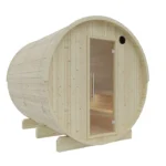 Front view of the Tampere 4 Person Outdoor Barrel Sauna with glass door in a backyard setting