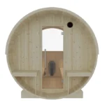 Front view of the Turku 6 Person Barrel Sauna with Terrace featuring an integrated terrace and glass door