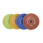 Full 230lb Color Grip Bumper Plate Set stacked showing white, green, yellow, and blue colors 230lb Color Grip Bumper Plate Set