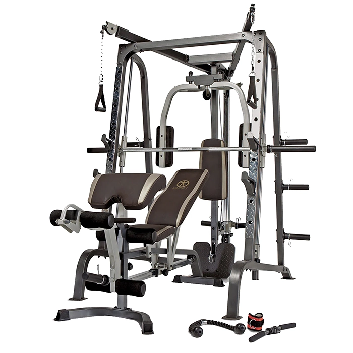 Marcy Smith Machine Cage System MD-9010G with Olympic bar and cable crossover pulleys