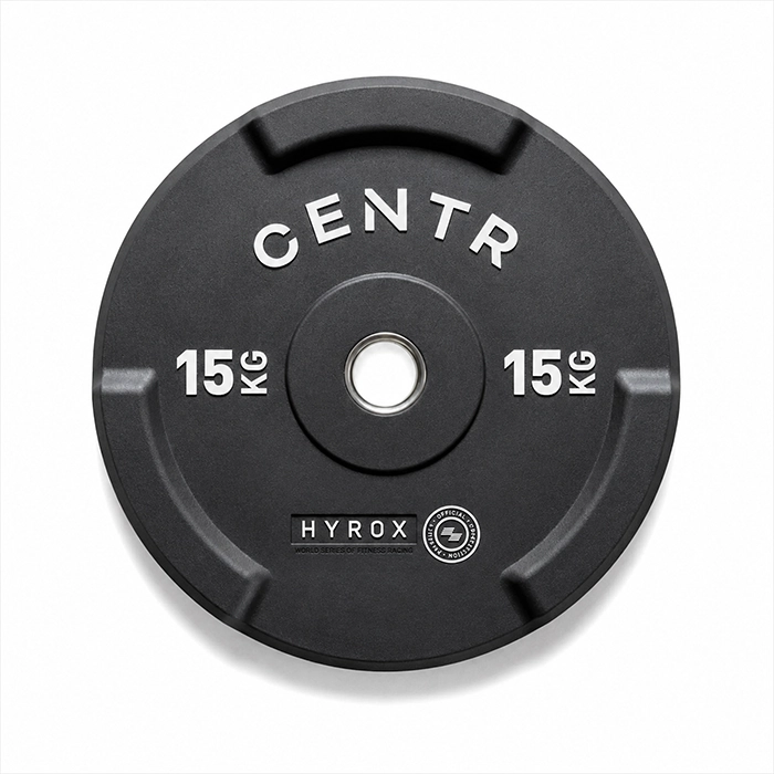 Official HYROX 15kg Edge Bumper Plate with weight markings visible on the edge Official HYROX 15kg Edge Bumper Plate with weight markings visible on the edge