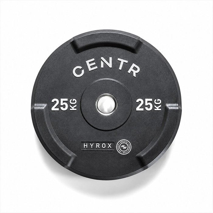 Official HYROX 25kg Edge Bumper Plate with weight markings visible on the edge Official HYROX 25kg Edge Bumper Plate with weight markings visible on the edge