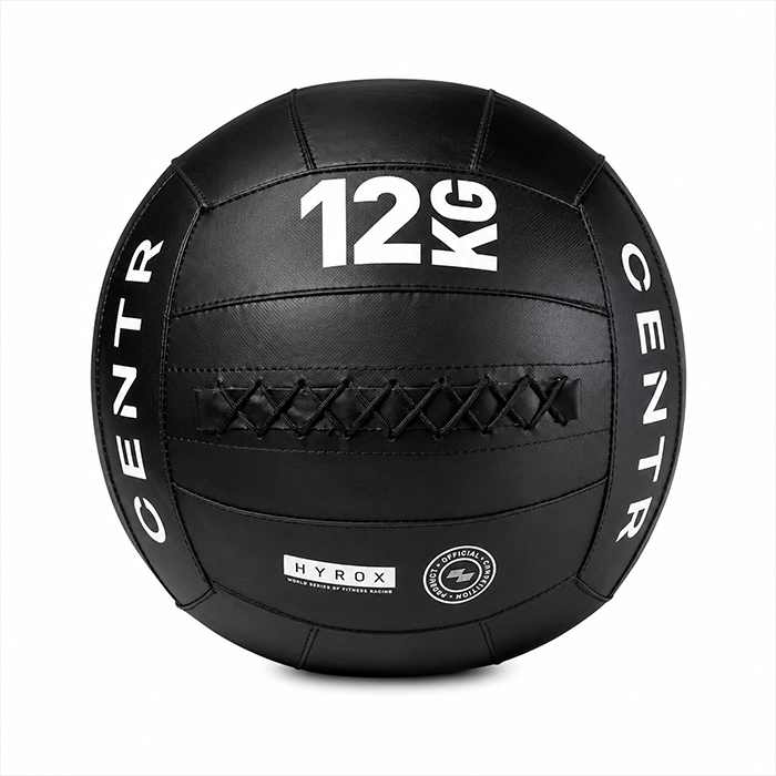 Official HYROX Competition Wall Ball 12 Kg with non-slip vinyl texture and visible weight markings Official HYROX Competition Wall Ball 12 Kg with non-slip vinyl texture and visible weight markings