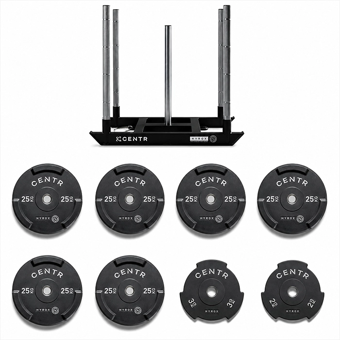 Official HYROX Mens Pro Power Sled Bundle on fitness turf Official HYROX Mens Pro Power Sled Bundle on fitness turf
