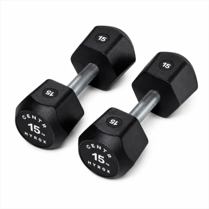 Pair of Centr x HYROX 15kg commercial urethane dumbbells on a gym floor Centr x HYROX 15kg Commercial Dumbbell Pair
