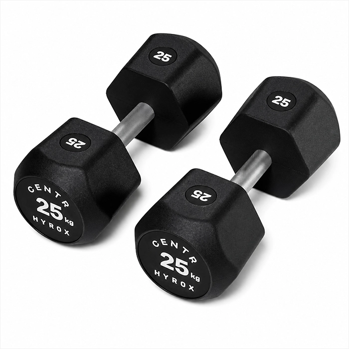 Pair of Centr x HYROX 25kg Commercial Dumbbell Pair on a gym floor Pair of Centr x HYROX 25kg Commercial Dumbbell Pair on a gym floor