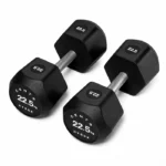 Pair of Centr x HYROX Commercial Urethane Dumbbell on a gym floor