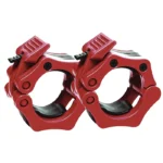 Pair of black Olympic Barbell Collars with a quick-release locking lever. Olympic Barbell Collars Red