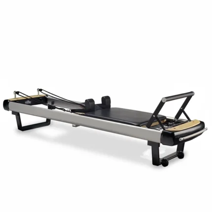 Peak Pilates MVe Reformer Bundle with stackable aluminum frame and black upholstery