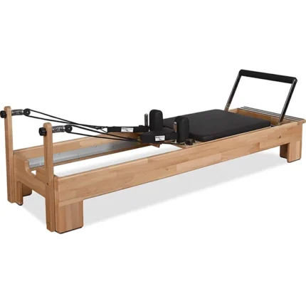 Private Pilates Wood Reformer Machine with solid timber frame and premium upholstery