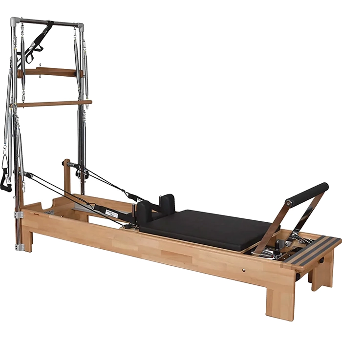 Private Pilates Wood Reformer with Tower featuring solid beechwood frame and steel tower Private Pilates Wood Reformer with Tower featuring solid beechwood frame and steel tower