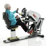 SCIFIT Recumbent Stepper A close-up of the StepOne's premium seat, showing the adjustment levers for height, fore/aft, swivel, and recline