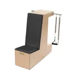 Solid maple Balanced Body Pilates Arm Chair with purple and yellow signature springs