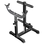 Standing Curl Bar Station Weight Plate Tree in black with an EZ curl bar resting on adjustable pegs