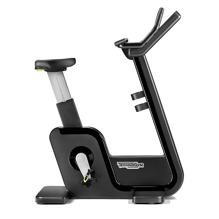Technogym Artis Bike Black upright stationary bike in a luxury gym setting Technogym Artis Bike Black upright stationary bike in a luxury gym setting