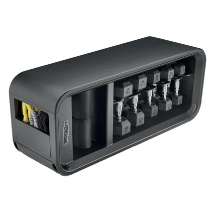 Technogym Home Workout Bench showing integrated storage for dumbbells and accessories