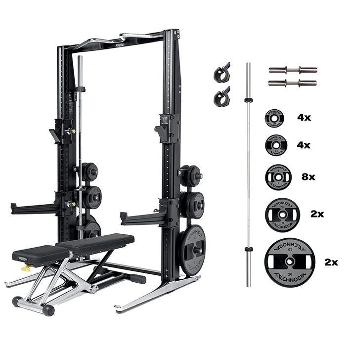 Technogym Power Personal Strength Rack full set including rack, bench, and weight plates