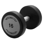 Technogym Urethane Dumbbell 16kg with a sleek black urethane finish and steel handle