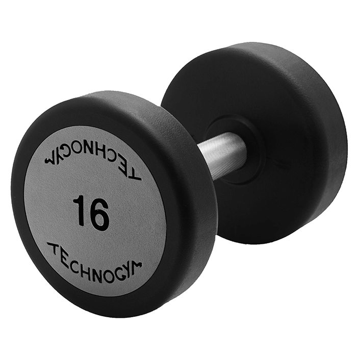 Technogym Urethane Dumbbell 16kg with a sleek black urethane finish and steel handle