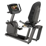 The Bike R50 Recumbent Matrix 16 inch XIR with its large 16-inch XIR touchscreen console, showcasing its step-through design