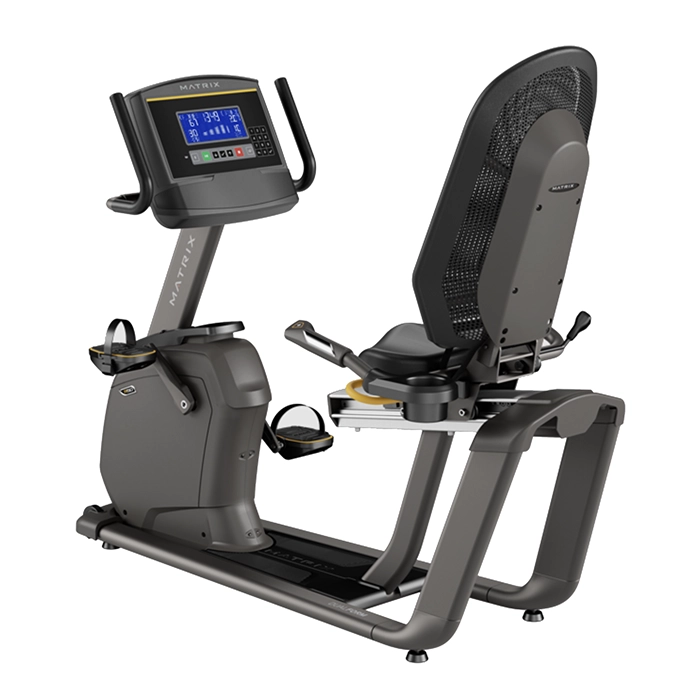 The Bike R50 Recumbent Matrix 8.5 inch XR with its 8.5-inch XR LCD console, showcasing its step-through design
