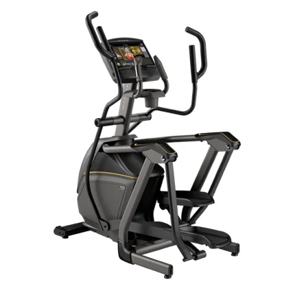 The Elliptical E50 Matrix 16 inch XIR Compact Suspension Elliptical with its large 16-inch XIR touchscreen console, showcasing its sleek design