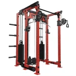 The Functional Trainer FM-6 Twin Red, showcasing its full power rack, dual cable towers, and compact design