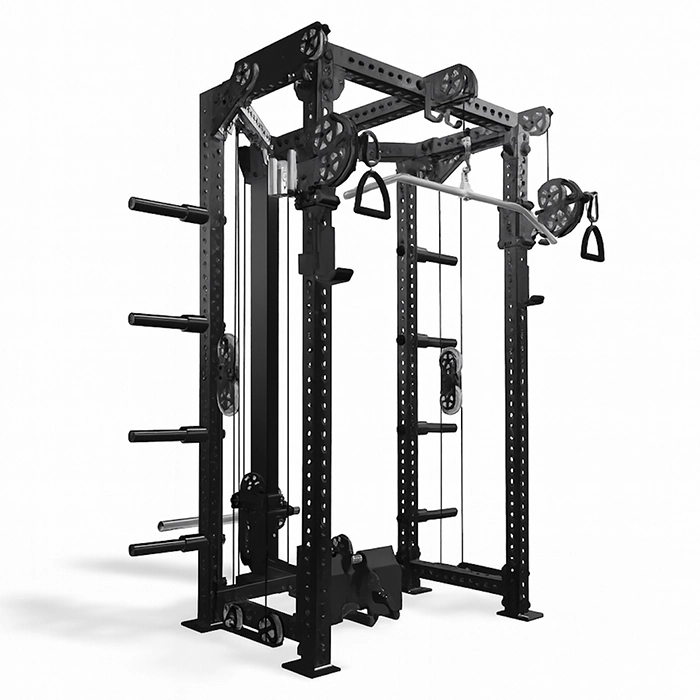 The Functional Trainer FM-HR Black, showcasing its half rack, cable system, and compact design
