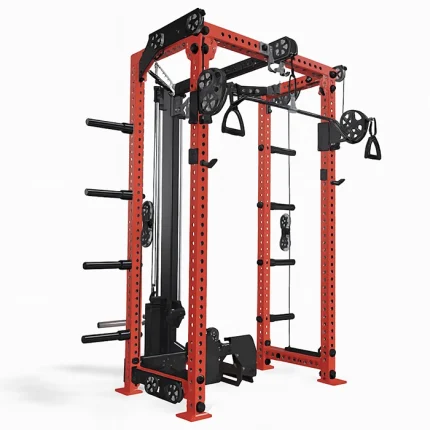 The Functional Trainer FM-HR Red, showcasing its half rack, cable system, and compact design