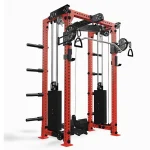 The Functional Trainer FM-HR Twin Red, showcasing its half rack, dual cable towers, and compact design
