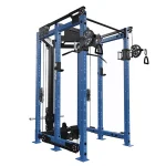 The Functional Trainer FML-6 Blue, showcasing its full power rack, cable system, and compact design