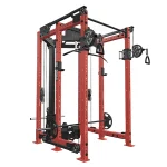 The Functional Trainer FML-6 Red, showcasing its full power rack, cable system, and compact design
