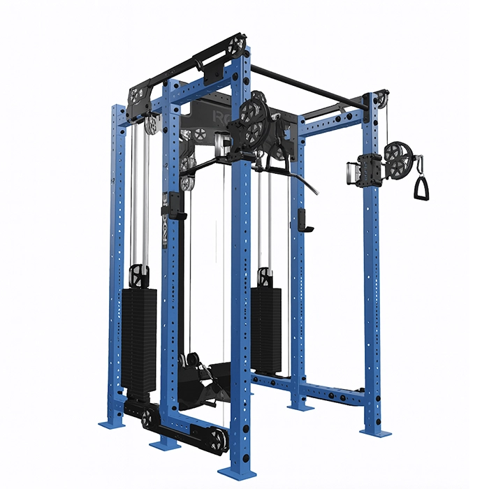 The Functional Trainer FML-6 Twin Blue, showcasing its full power rack, dual cable towers, and compact design