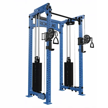 The Functional Trainer INDY Rogue Blue attached to a Monster Rack, showcasing its compact, rack-mounted design