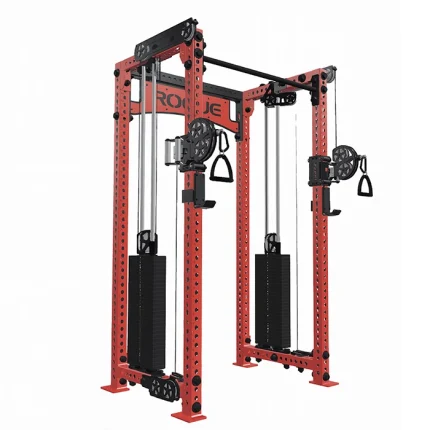 The Functional Trainer INDY Rogue Red attached to a Monster Rack, showcasing its compact, rack-mounted design