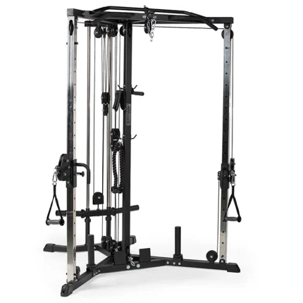 The Functional Trainer Plate Loaded, showcasing its robust steel frame, dual weight sleeves, and various pulley stations