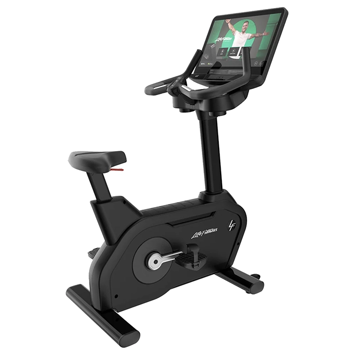 The Life Fitness Bike Club Series Plus Upright Lifecycle SE4, showcasing its sleek design and large touchscreen console