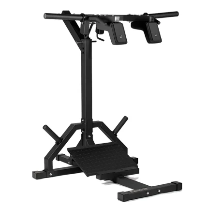 The Lower Body Machines Leverage Squat set up for a hack squat, highlighting the cushioned shoulder pads and angled footplate