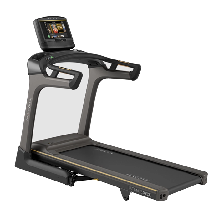The Matrix TF30 Folding Treadmill 10 inch XER with its large 10-inch XER touchscreen console, shown in its upright, folded position