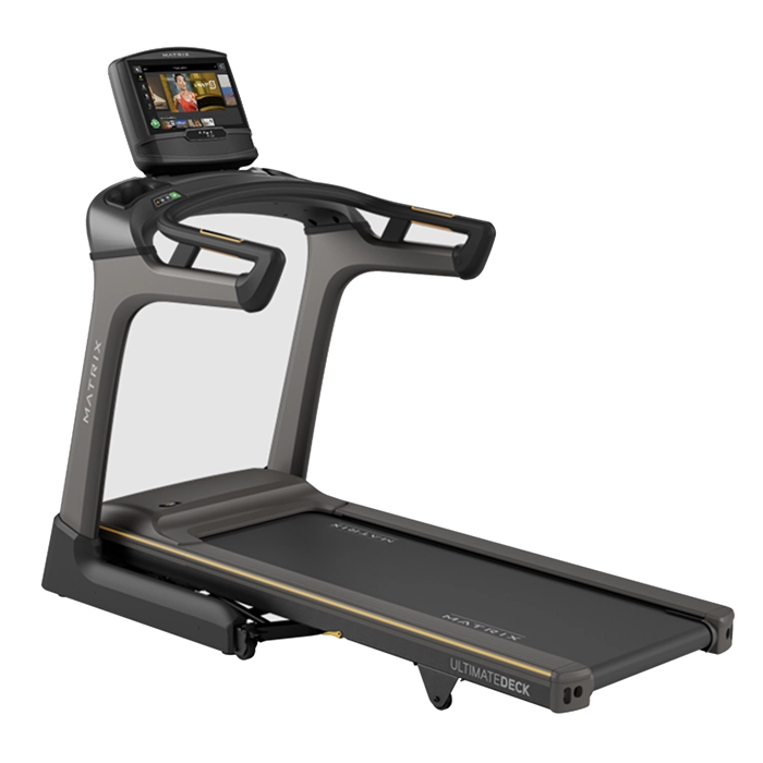 The Matrix TF30 Folding Treadmill 16 inch XIR with its large 16-inch XIR touchscreen console, shown in its upright, folded position