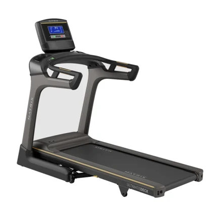 The Matrix TF30 Folding Treadmill 8.5 inch XR with its 8.5-inch XR LCD console, shown in its upright, folded position