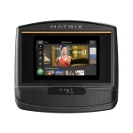 The Matrix TF50 Folding Treadmill 10 inch XER shown in its folded configuration, emphasizing its compact footprint for storage