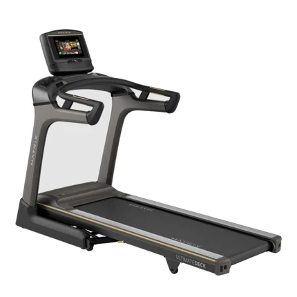 The Matrix TF50 Folding Treadmill 10 inch XER with its large 10-inch XER touchscreen console, shown in its upright, folded position
