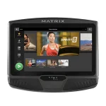 The Matrix TF50 Folding Treadmill 22 inch XUR shown in its folded configuration, emphasizing its compact footprint for storage