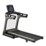 The Matrix TF50 Folding Treadmill 8.5 inch XR with its 8.5-inch XR LCD console, shown in its upright, folded position